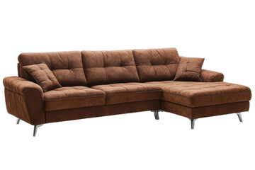 Obraz premium Luxurious brown velvet sectional sofa with plush cushions sleek chrome legs isolated on black on transparent background