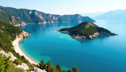 Obraz premium Irregular shaped lake with rocky shoreline and island, view, photography