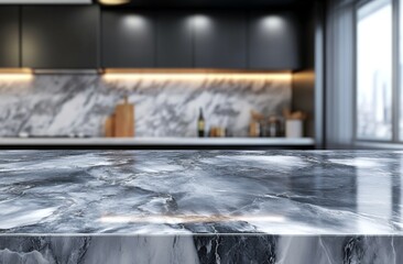 Sleek modern kitchen countertop, featuring a polished dark gray marble surface, showcasing a blurred background of dark cabinetry and a marble backsplash