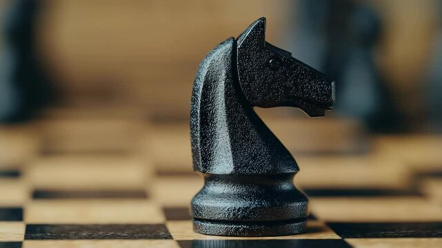 Knight's Gambit: A striking macro shot of a black knight chess piece, poised on a classic chessboard, symbolizing strategy and intellect in a close-up and focused view.