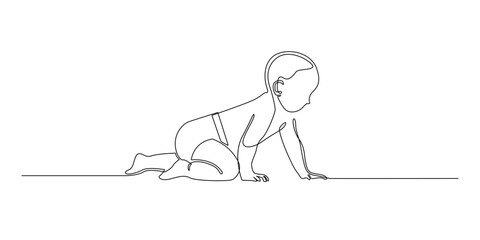 one continuous line drawing of baby crawling.one line drawing of baby starting new world.active baby.single line vector illustration.isolated white background