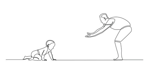 one continuous line drawing of a baby crawling towards his father.one line drawing of a baby getting to know the new world with his father.active baby.single line vector illustration.isolated on white
