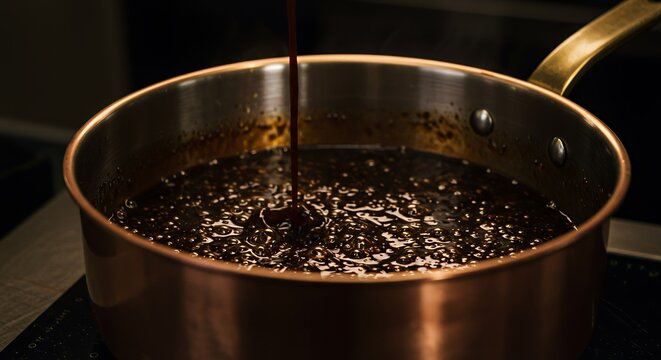 Pouring Dark Brown Sauce into Copper Saucepan