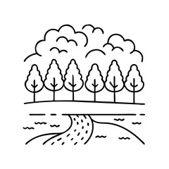 tree lined river icon, tree lined river line art - simple line art of tree lined river, perfect for tree lined river logos and icons