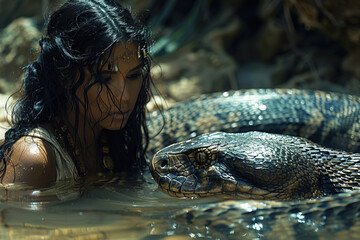 Adam and Eve with the serpent tempter in the garden of paradise with apples with a lake. Christian religious legendary story.