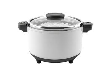 Perfectly cooked rice in a sleek white rice cooker with glass lid showcasing delicious fluffy on transparent background