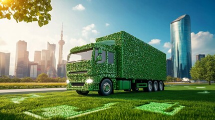Concept of environmentally friendly transportation with a leaf covered truck