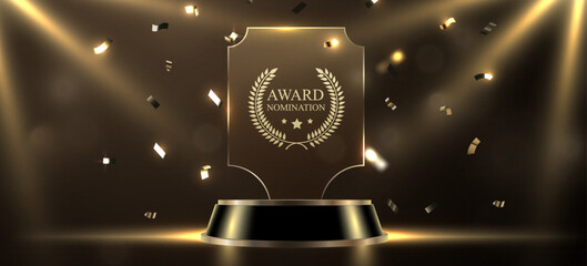 Award round podium with glass trophy with laurel wreath on dark background. Symbol of victory, achievement, success, rewarding of winner.