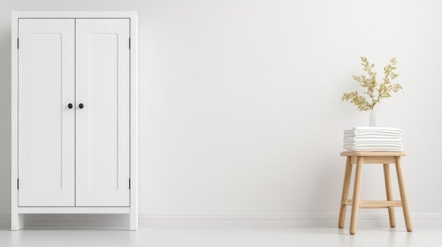 A white wooden wardrobe with black knobs standing against a minimalist wall, accompanied by a wooden stool with neatly folded towels and a small plant, and simple home decor concept.