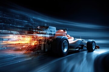 Sleek Race Car Drifting Around a Curve with a Glowing Effect in a Futuristic Landscape