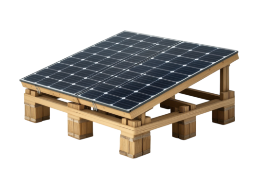 Portable solar panel system on a rustic wooden stand ideal for off grid power showcasing clean on transparent background