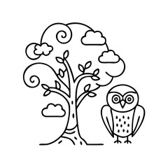 tree with owl icon, tree with owl line art - simple line art of tree with owl, perfect for tree with owl logos and icons