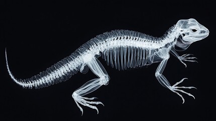 Naklejka premium A detailed x-ray image of a lizard, showcasing its skeletal structure against a black background.