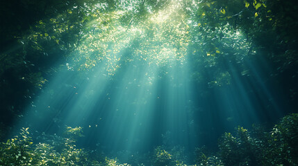 Fototapeta premium Sunbeams through forest canopy in tranquil woodland – 고요한 숲 속 나뭇잎 사이로 비치는 햇살