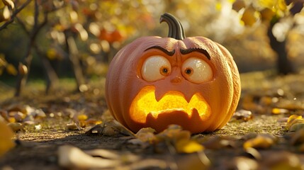 Charming scene of a hand carved pumpkin surrounded by autumn leaves and warm natural light creating a festive atmosphere