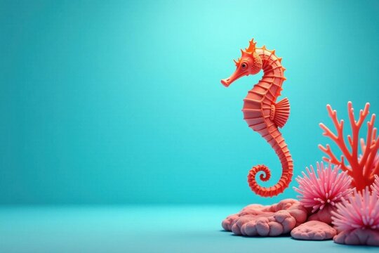 A coral-colored seahorse gracefully poised above a vibrant underwater scene featuring pastel-hued coral formations.