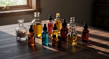 Sunlit Assortment of Oils in Glass Bottles on Wooden Table