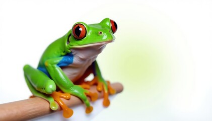 Green tree frog perched on white, vibrant skin, photography, skin texture