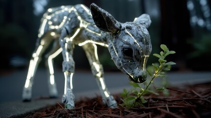 A deer stands amid a scorched forest as rescue teams work; its face scanned by advanced wildlife-monitoring technology.