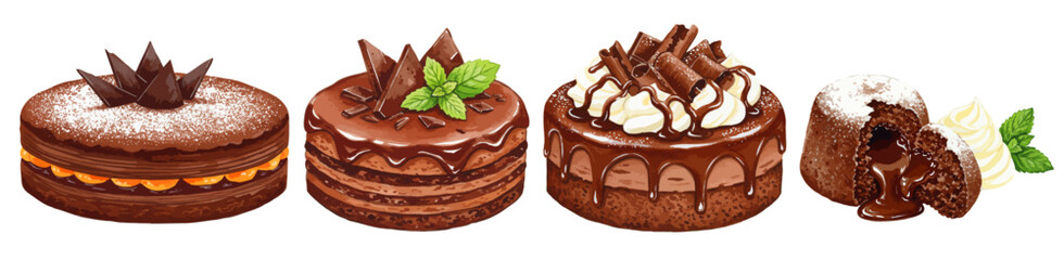 ミントやチョコレートがデコレーションされたチョコケーキの水彩風イラストセット フォンダンショコラとホイップ生クリームのスイーツ	