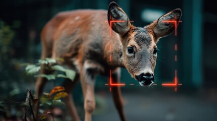 A deer stands amid a scorched forest as rescue teams work; its face scanned by advanced wildlife-monitoring technology.