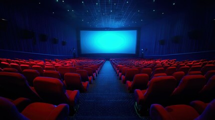 Fototapeta premium People in the cinema auditorium with Cinema blank wide screen and red chairs in the cinema hall,People silhouettes watching movie performance,empty white screen,space for text,copy space.