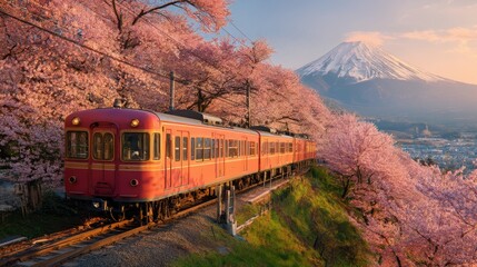 Fototapeta premium Cherry blossom with Red train in spring in Japan or Korea is the popular view spot,Illustration of Japanese spring,Panorama travel,tour advertising of world famous landmarks of Japan,autumn season.
