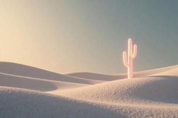 A solitary pale pink cactus stands tall amidst the undulating dunes of a serene desert landscape under a soft, warm light.
