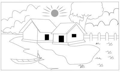 Fototapeta premium Modern of forest house silhouette illustration clip art design. Wood houses home simple line vector design collections modern cottage .coloring page with the image of a housestyle.