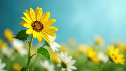 Lone bright yellow sunflower amidst white flowers, stand out, unparalleled, different