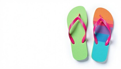 Fototapeta premium Pair of colorful flip-flops isolated on pure white, colorful, flip-flops, beach wear
