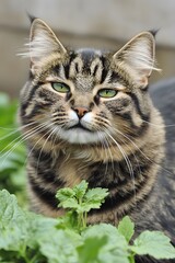 Fototapeta premium Majestic Tabby Cat in Garden Green Plants