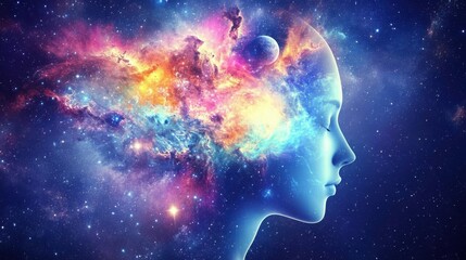 Abstract Woman Face as Cosmic Consciousness: A Serene Exploration of the Universe Within