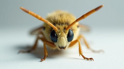 Obraz premium Close-up view of a small insect with fuzzy body and large eyes, detailed texture and vibrant color