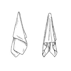 Hanging kitchen towels, black and white ink sketch. Vector illustration. A set of linen and cotton napkins, isolated on a white background. On the theme of food, cooking, catering and cleaning