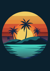 Tranquil Island Sunset Scene - Stylized Illustration with Palm Trees and Birds
