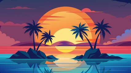 Tranquil Island Sunset Scene - Stylized Illustration with Palm Trees and Birds