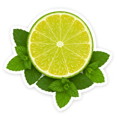 Lime slice with mint leaves sticker on white background