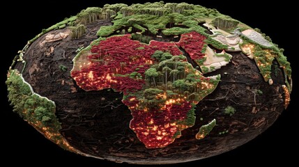 A scorched Earth with burning continents and untouched forests highlights the fragile balance between destruction and nature’s resilience from space.