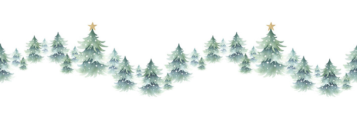 Christmas spruces snow-covered with golden star decoration, forest winter landscape. Hand drawn watercolor isolated seamless border. Fir trees for New Year festive packaging tape, horizontal banner.