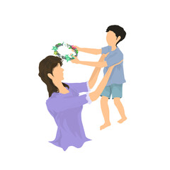 A child giving a flower crown to his mother while being carried by his mother without a background