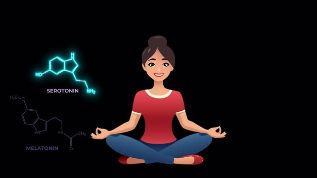 Animated video of a woman in meditation pose with hormones appearing one by one with glow effect, symbolizing menopause, hormone shifts, hormone balance and emotional balance, alpha channel 