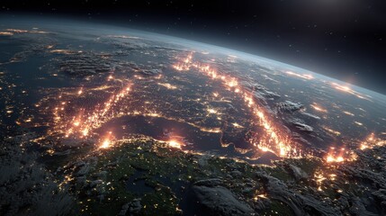 A scorched Earth with burning continents and untouched forests highlights the fragile balance between destruction and nature’s resilience from space.