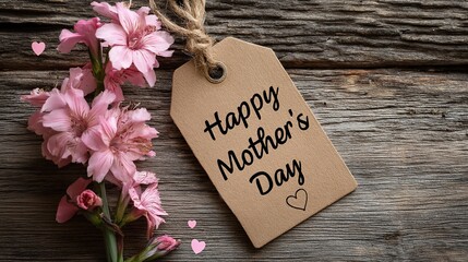 Charming Happy Mother's Day tag with warm wooden background, elegant text 'Happy Mother's Day' in rustic style, perfect for heartfelt greetings and celebrating maternal love