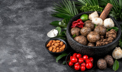 Fresh Ingredients for Traditional Cooking in a Stone Bowl with Herbs, Spices, Limes, and Vegetables on a Dark Textured Surface