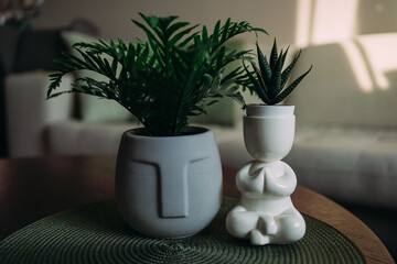 Two Unique Plant Pots: Easter Island Moai Head and Lotus Pose Figure with Green Houseplants in Cozy Interior