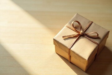 A thoughtfully wrapped gift box sits on a light wood surface, bathed in warm sunlight, conveying a sense of anticipation and joy.
