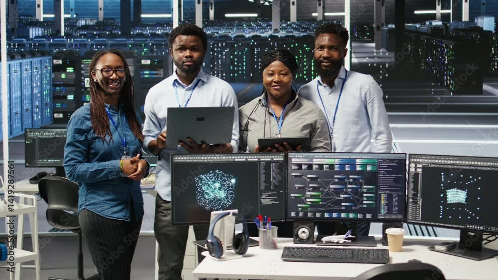 Poster portrait of smiling data center technicians analyzing infrastructure issues using node tree tools. h