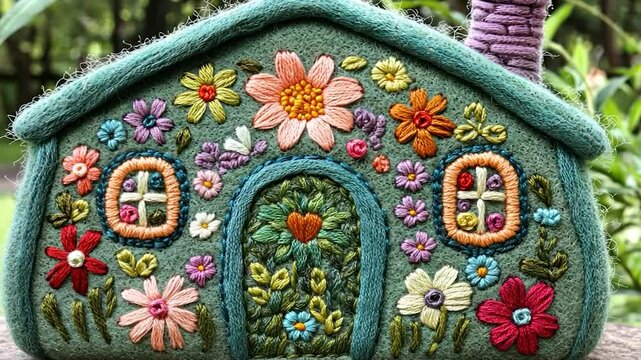 Embroidered Felt Fairy House in Garden