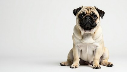 Adorable pug dog sits against white background , wrinkles, animal, isolated dog